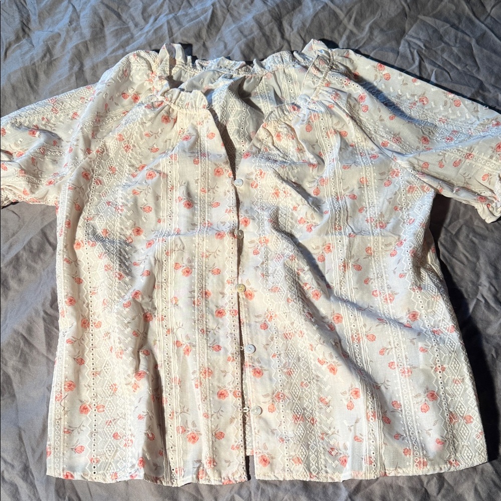 SHEIN White Floral Button-Up Blouse with Pink Roses